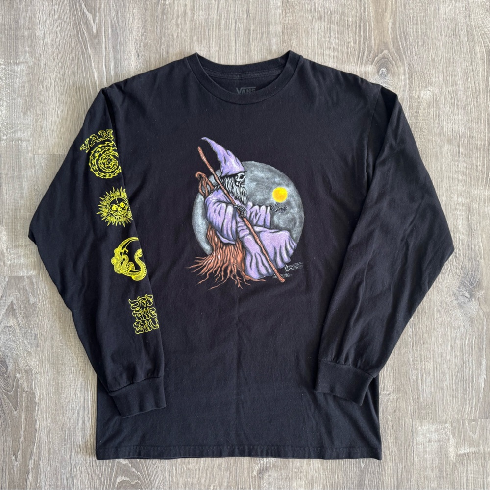 Vans Black Long Sleeve Tee with Wizard and Yellow Sleeve Graphics | 100% Cotton